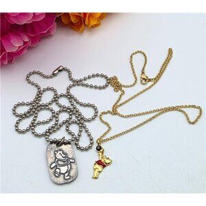 Disney Winnie Pooh Necklace Set 2 Pc Enamel Pendant Silver Dog Tag 18" 24" Vtg.